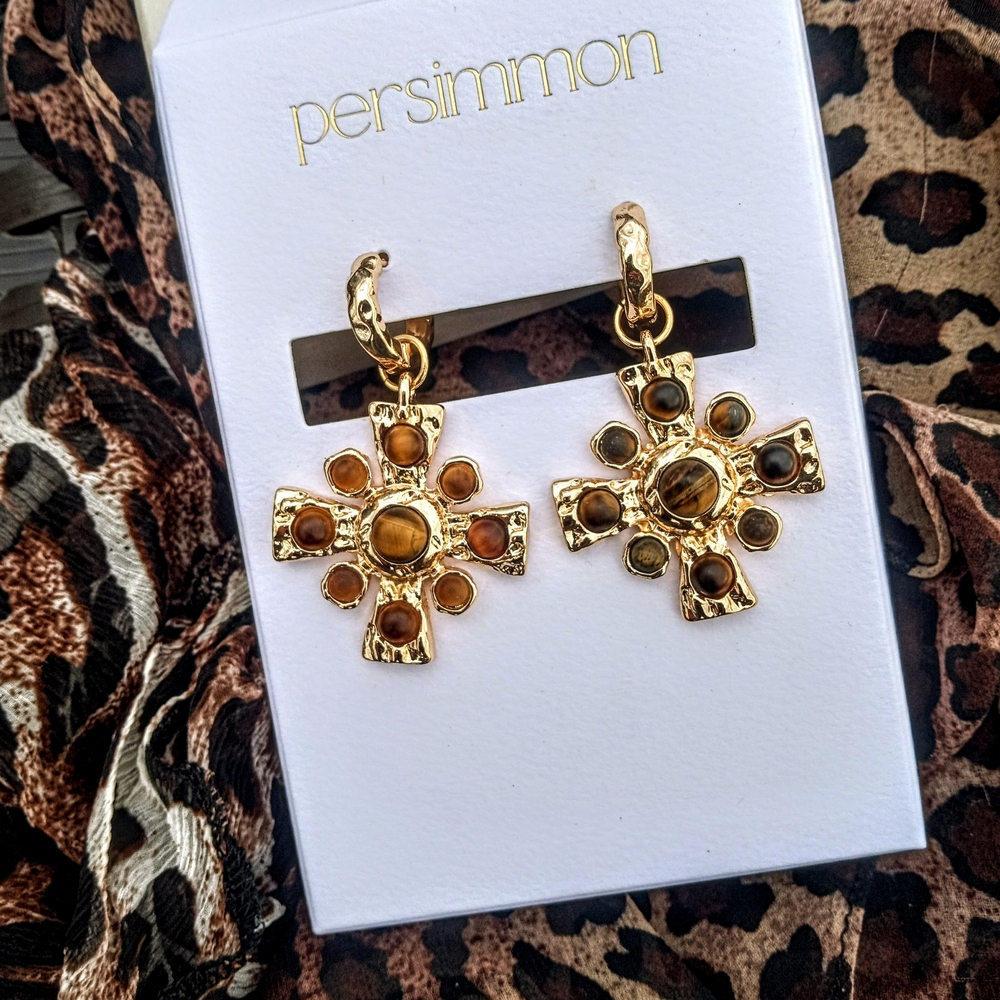 Persimmon Gold Cross Earrings with Gem Accents
